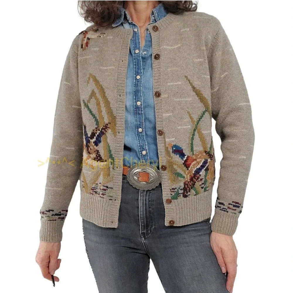 Lauren Ralph Lauren Lambswool Cardigan Hand Knit Mallard Duck Hunting M H13900 - Picture 1 of 11